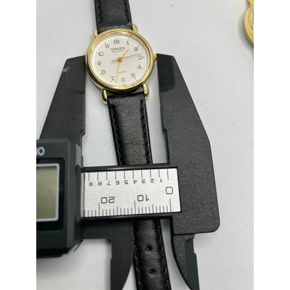 Women's Watch Lot‎ of (2) Gold Tone BLACK LEATHER Gruen Diamon Analog